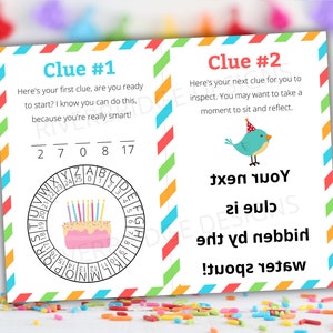 May include: A printable birthday scavenger hunt game with two clues. The first clue is a birthday cake with candles and a number wheel. The second clue is a blue bird with a party hat and the text "Your next clue is hidden by the water spout!"