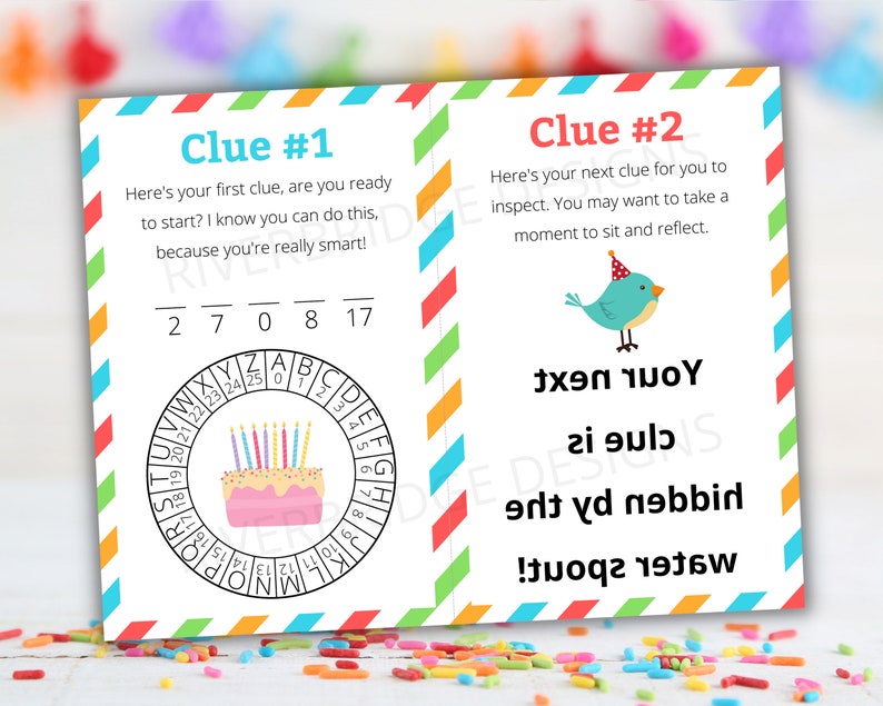 May include: A printable birthday scavenger hunt game with two clues. The first clue is a birthday cake with candles and a number wheel. The second clue is a blue bird with a party hat and the text "Your next clue is hidden by the water spout!"