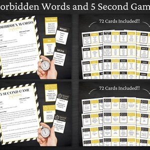 May include: A printable party game set featuring Forbidden Words and 5 Second Game instructions, including 72 cards for each game. The cards display text prompts and categories with black and gold accents on a dark background, accompanied by a silver stopwatch.
