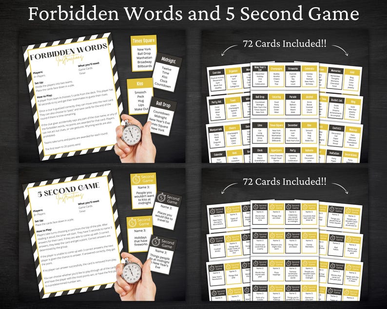 May include: A printable party game set featuring Forbidden Words and 5 Second Game instructions, including 72 cards for each game. The cards display text prompts and categories with black and gold accents on a dark background, accompanied by a silver stopwatch.