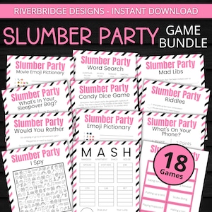 May include: A printable game bundle for a slumber party with 18 different games. The games include Mad Libs, Riddles, What's in Your Sleepover Bag, Would You Rather, I Spy, Movie Emoji Pictionary, Emoji Pictionary, Candy Dice Game, Word Search, What's On Your Phone, and Mash. The games are printed on pink and black striped paper with pink and black text.