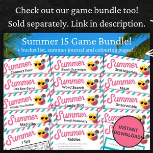 K&ouml;nnte beinhalten: Eine Sammlung von 15 druckbaren Spielen zum Thema Sommer f&uuml;r Kinder. Die Spiele beinhalten Connect Four, Strand-Schnitzeljagd, Scattegories, Punkt-Box-Spiel, Wortsuche, Labyrinth, W&uuml;rdest du lieber, Bonbon-W&uuml;rfel, Entschl&uuml;sseln, Mad Libs, Emoji-Pictionary, Ich sehe, R&auml;tsel, Drachen steigen lassen und Perlen auff&auml;deln. Die Spiele sind mit einer Wassermelonen- und Sonnengrafik gestaltet und stehen zum sofortigen Download bereit.