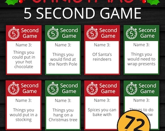 Puede incluir: Un juego de cartas imprimible Christmas 5 Second Game con 72 tarjetas de bordes rojos y verdes. Cada tarjeta incluye un icono de cronómetro, el texto Second Game, Name 3 y una consigna navideña. El encabezado dice Riverbridge Designs.
