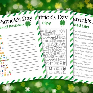 May include: Three printable St. Patrick's Day game cards with green shamrock borders. The first card is a game of Emoji Pictionary, the second is a game of I Spy, and the third is a Mad Libs game.