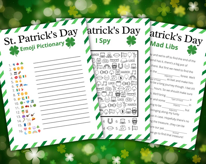 May include: Three printable St. Patrick's Day game cards with green shamrock borders. The first card is a game of Emoji Pictionary, the second is a game of I Spy, and the third is a Mad Libs game.