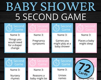 May include: A set of 72 baby shower game cards in blue and pink. The cards are designed for a 5-second game and feature various prompts for guests to answer. The text on the cards reads "Second Game" and "Name 3:"