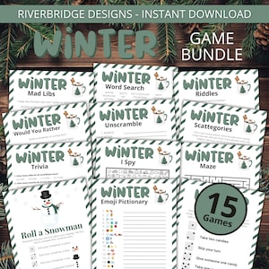 May include: A winter-themed game bundle featuring 15 games, including Mad Libs, word searches, trivia, and more. Each game card has a green and white design with a mug of hot chocolate and a Christmas tree. The bundle is an instant download.