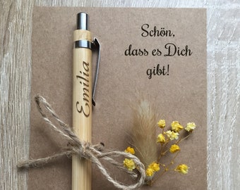 Kugelschreiber personalisiert, Karte, Holz, Bambus ,graviert, Geburtstag, Name, Muttertag, Vatertag, Hochzeit, JGA, Geschenk, Weihnachten