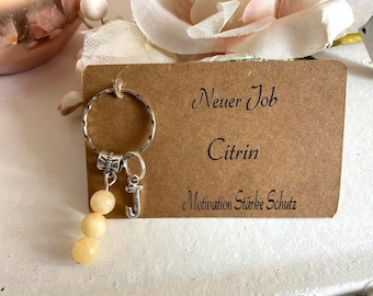 Keyring A-Z, Citrine, Bag charm, Lucky charm for new job, success, Gemstone bead pendant, Gift, Career, New Beginnings