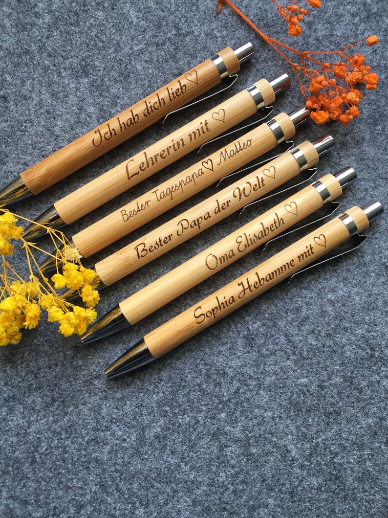 Kugelschreiber personalisiert, Geburtstag Geschenk, Jubiläum, dekoriert, Geburtstag, Holz, Bambus, Gravur, Trockenblumen,Weihnachten Bild 2