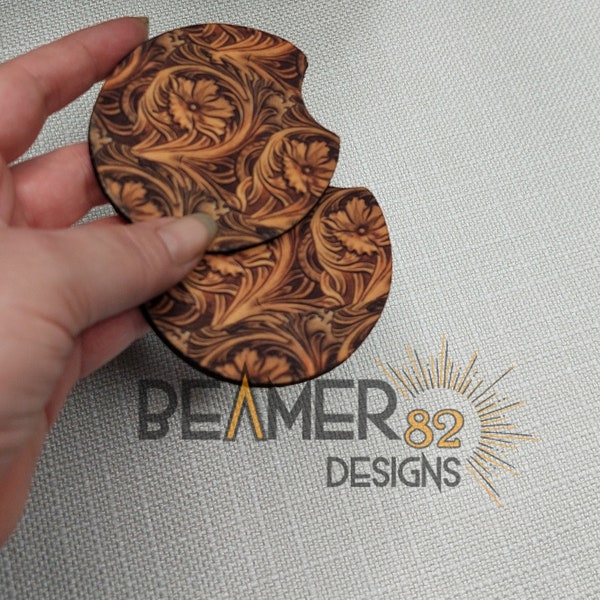 Tooled Leather Print Car Coasters, Set of 2 Absorbent Car Coasters