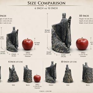 May include: A size comparison chart featuring two grey stone-textured wizard figurines, one 6 inches tall and one 10 inches tall, each displayed with a red apple measuring 3.5 inches in diameter. The chart includes front, side, and back views.