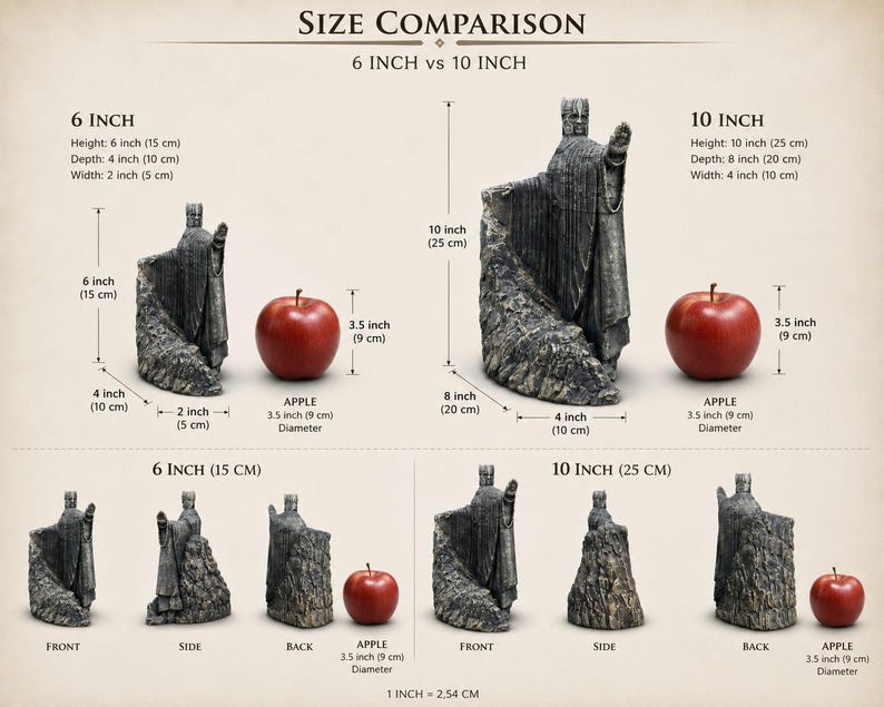 May include: A size comparison chart featuring two grey stone-textured wizard figurines, one 6 inches tall and one 10 inches tall, each displayed with a red apple measuring 3.5 inches in diameter. The chart includes front, side, and back views.