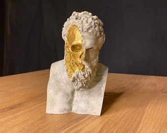 Hercules Statue wih skull, Greek god statue, Mythology figurines, Bust of hercules, Fan art, Skull statue, Gold collectible