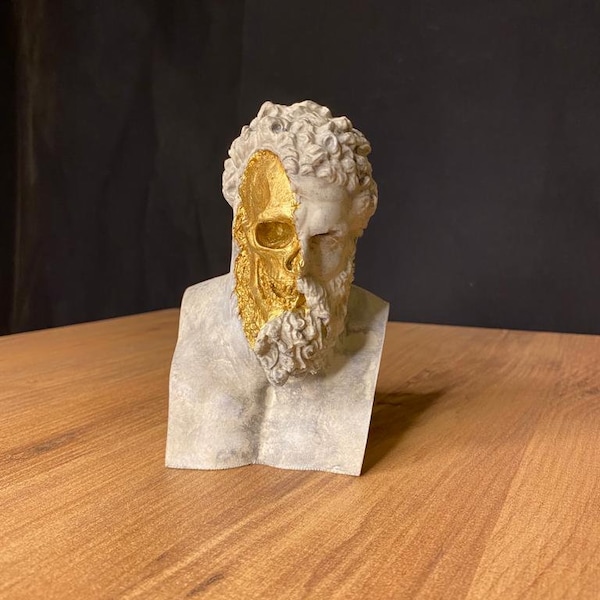 Statue d’Hercule avec crâne, statue de dieu grec, figurines mythologiques, Buste d’Hercule, Fan art, Statue de crâne, Objet de collection en or