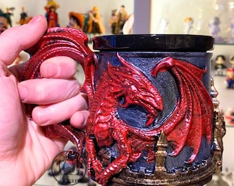Red Metallic Dragon Mug - Medieval Resin Cup, Ceramic Insert