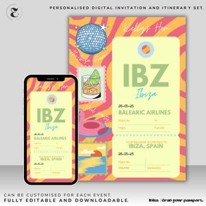 Boarding Pass Ibiza Holiday Hen Party | Invitation and Itinerary | DIGITAL Printable & Editable Download, Abroad Hen Do Invite