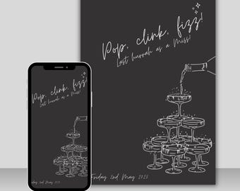 Monochrome Girly Champagner Hen Party | Einladung und Reiseplan | DIGITAL druckbare & bearbeitbare Download, anspruchsvoll Demure Hen Do Set