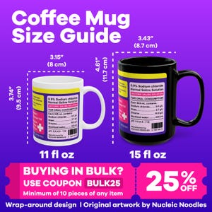Puede incluir: Una gu&iacute;a de tallas para tazas de caf&eacute;, que muestra dos tazas con una etiqueta que dice "0,9% de cloruro de sodio Soluci&oacute;n salina normal" en un esquema de color morado y blanco. Las tazas son de 11 fl oz y 15 fl oz. El texto "&iquest;COMPRAS AL POR MAYOR? USA EL CUP&Oacute;N BULK25 M&iacute;nimo de 10 piezas de cualquier art&iacute;culo" se muestra en rosa y blanco. El texto "25% DE DESCUENTO" se muestra en blanco sobre un fondo rosa.