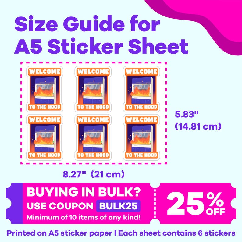 May include: A sheet of A5 sticker paper with six stickers featuring a cartoon illustration of a house with flames coming out of the windows. The stickers say "Welcome to the Hood". The sheet measures 21 cm by 14.81 cm. The text "BUYING IN BULK? USE COUPON BULK25 Minimum of 10 items of any kind!" is also included in the image.