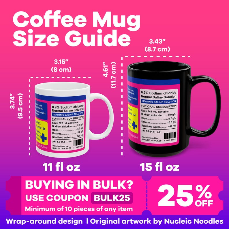 May include: A size guide for coffee mugs, showing two mugs with different sizes. The smaller mug is 11 fluid ounces and measures 3.15 inches in diameter and 3.74 inches in height. The larger mug is 15 fluid ounces and measures 3.43 inches in diameter and 4.61 inches in height. The mugs have a white background with black text and a black and white image of a bottle with a label that reads "0.9% Sodium chloride Normal Saline Solution". The text "BUYING IN BULK? USE COUPON BULK25 Minimum of 10 pieces of any item" is displayed in white text on a pink background. The text "25% OFF" is displayed in white text on a red background.