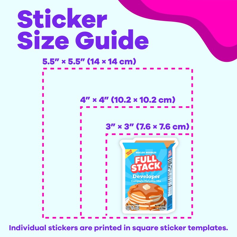 May include: A sticker size guide with three different sizes: 5.5 inches by 5.5 inches, 4 inches by 4 inches, and 3 inches by 3 inches. The guide shows the measurements in both inches and centimeters. The smallest sticker size shows a pancake mix box with the text "Full Stack Developer" on it.