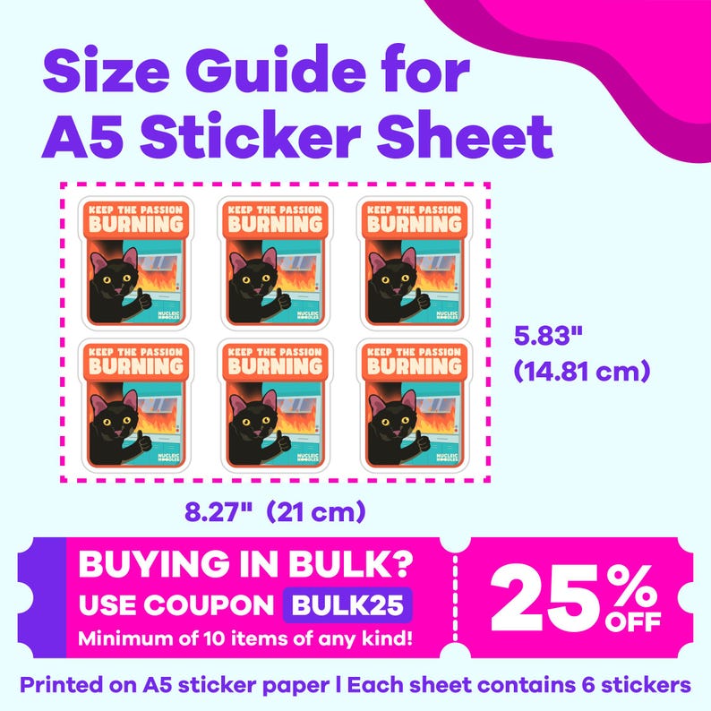 May include: A sheet of A5 sticker paper with six stickers featuring a black cat with a thumbs up in front of a burning fireplace. The stickers say "Keep the Passion Burning". The sheet measures 8.27 inches by 5.83 inches (21 cm by 14.81 cm).