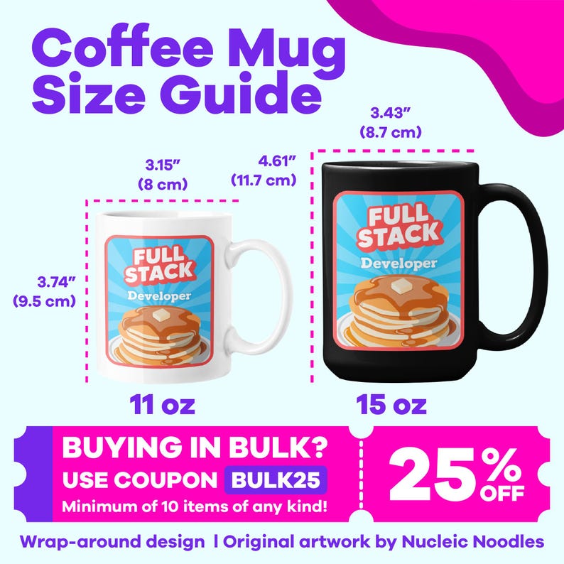 K&ouml;nnte beinhalten: Ein Gr&ouml;&szlig;enleitfaden f&uuml;r Kaffeetassen mit zwei Tassen, eine wei&szlig;e und eine schwarze. Die wei&szlig;e Tasse ist 11 oz gro&szlig; und misst 9,5 cm in der H&ouml;he und 8 cm in der Breite. Die schwarze Tasse ist 15 oz gro&szlig; und misst 11,7 cm in der H&ouml;he und 8,7 cm in der Breite. Beide Tassen zeigen eine Grafik mit einem Stapel Pfannkuchen mit dem Text "Full Stack Developer".