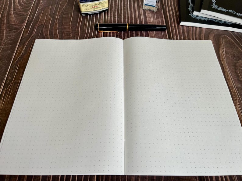Tomoe River Notebook, A5 Dot Grid, 68 gsm, Made in Japan, Open Lay Flat on the desk