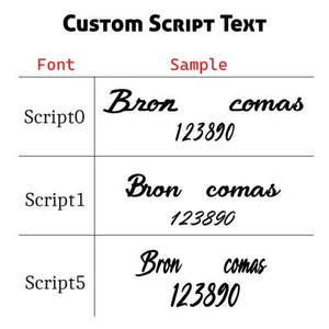 May include: Image showcasing custom script text samples. The text "Bron comas 123890" is displayed in three different fonts: Script0, Script1, and Script5. The word "Font" and "Sample" are also displayed.