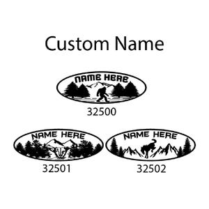 May include: Black and white graphic designs featuring mountain and forest scenes with the text "NAME HERE" and a product code. One design shows Bigfoot, another a mountain goat, and the last a bucking bronco. The text "Custom Name" is above the designs.