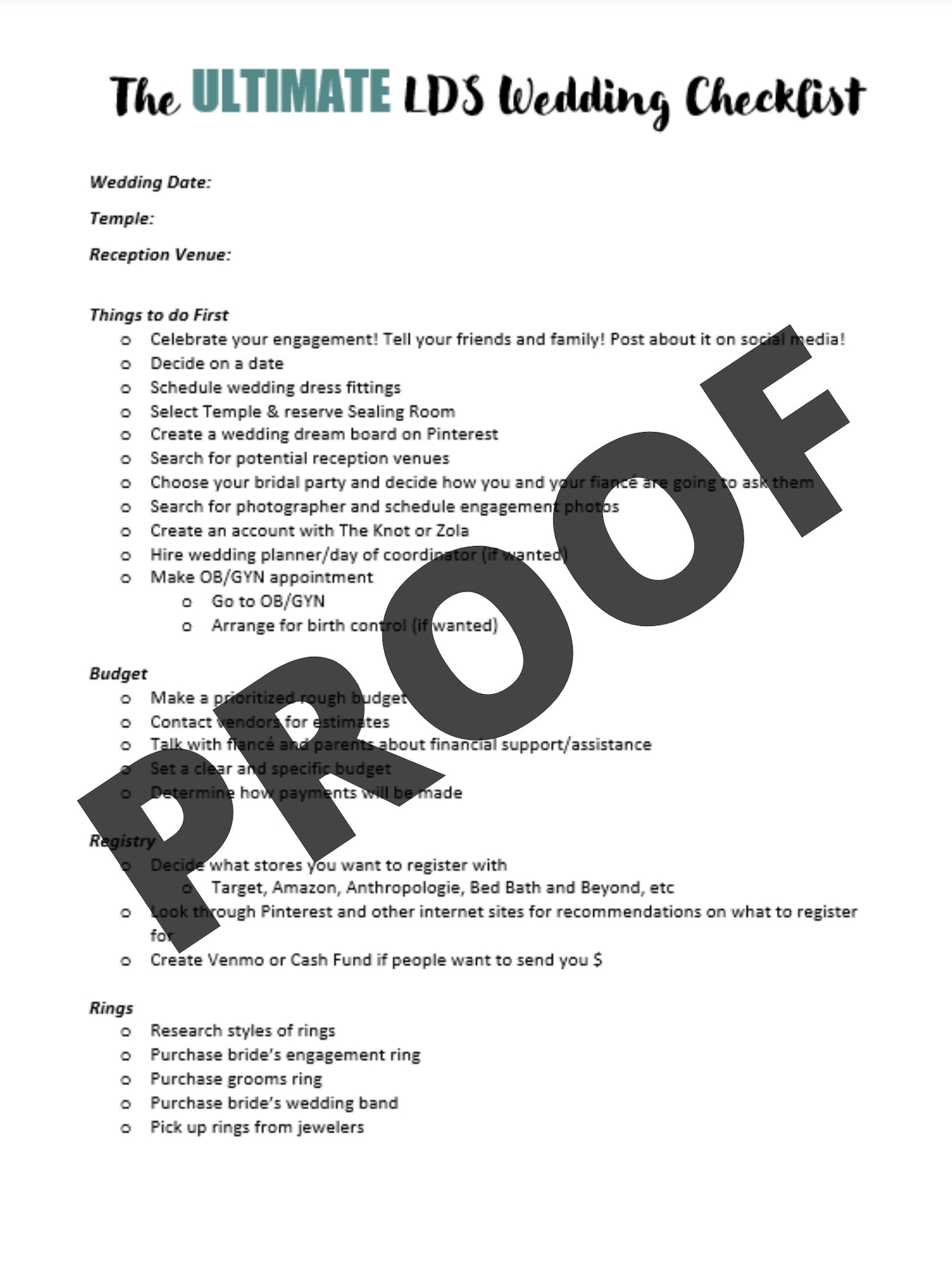 The ULTIMATE LDS Wedding Checklist, 10 Pages, Digital Download, Wedding