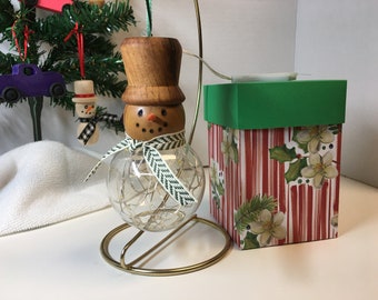Glass and Hardwood light-up Snowman Christmas Ornament Handcrafted