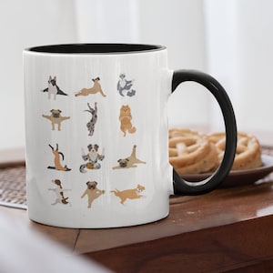 yoga and dog mug, yoga coffee mug, dog people, dog parents, dog yoga pose, cute dog yoga, dogs doing yoga, pug mom, dog mama mug, yoga lover