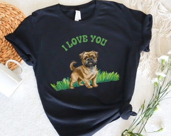 May include: Black t-shirt with a brown and white Brussels Griffon dog illustration and the text "I LOVE YOU" in green letters.