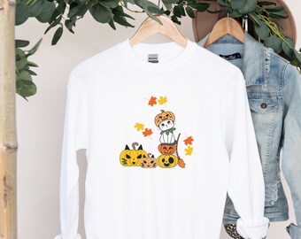 Halloween cat sweatshirt, cat lover sweater, Halloween shirts for women, Halloween gifts for cat owner, cute cat fall sweatshirt pumpkin cat