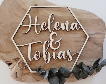 Wedding gift with two names made of wood | Hexagon | Name badge | Wedding | Gift idea | Handmade | Personalized