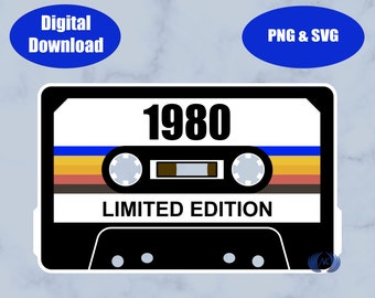 Retro 1980 Cassette Birthday PNG, Grunge Effect Included with White or Black Trim for Sublimation, Inkjet, Laser, DTF or other TransferTypes