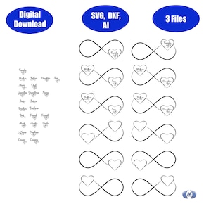 May include: A set of 12 black and white infinity symbol designs with hearts in the center. The hearts have various words inside, including "Family", "Mother", "Father", "Son", and "Daughter".