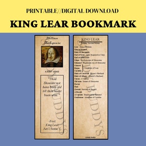 Puede incluir: Un marcador de página imprimible con un retrato de William Shakespeare y una lista de personajes de King Lear. El marcador es amarillo y azul con el texto "Thou Shouldst not have been old till thou hadst been wise." y "Fool King Lear Act I Scene V."