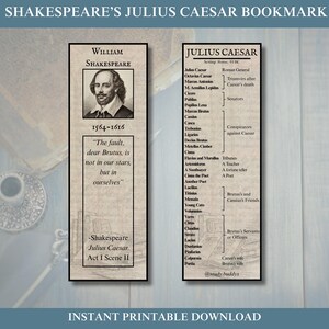 May include: Two printable bookmarks with text from Shakespeare's Julius Caesar. One features a portrait of William Shakespeare and a quote. The other lists characters and their roles. The text "INSTANT PRINTABLE DOWNLOAD" is at the bottom.