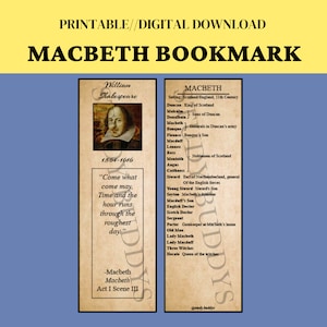 Puede incluir: Un marcapáginas imprimible con un retrato de William Shakespeare y una cita de Macbeth. El marcapáginas también incluye una lista de personajes de la obra, incluyendo Macbeth, Lady Macbeth y Banquo.