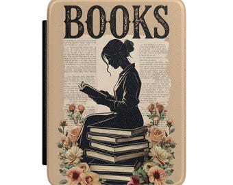 Vintage Reader Silhouette Kindle Case | Floral Stack of Books