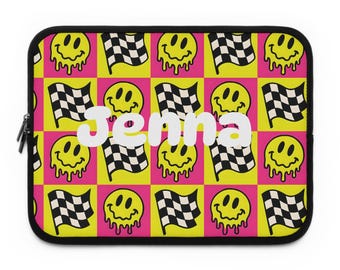 CUSTOMIZABLE Colorful Smile & Checkered Flag Laptop Sleeve Fun Notebook Case, Tech Accessory, Gift for Students, Gamers, Trendsetters