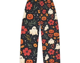 Halloween Floral Women's Pajama Pants, Cozy Sleepwear, Ghost Print Lounge Pants, Fall Fashion, Trick or Treat Nights