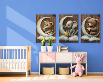 Starry Night Nursery Art Prints, Bear, Lion, Elephant (Digital Download)