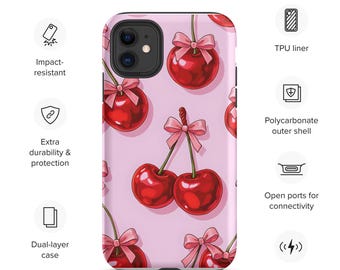 Coquette Cherry Pink iPhone Case, Bow Design Phone Case, Tough Case for iPhone, Red and Pink Cover, Fashionable Phone Accessory