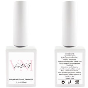 May include: Two white nail polish bottles. One bottle has the text "VNI Vanessa Nailed It" and "Hema Free Rubber Base Coat 15 mL (0.5 fl oz)". The other bottle has the ingredients and warnings.