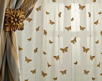 White Polyester  sheer  with Butterfly embroidery rod pocket for living room window panel 52" width.