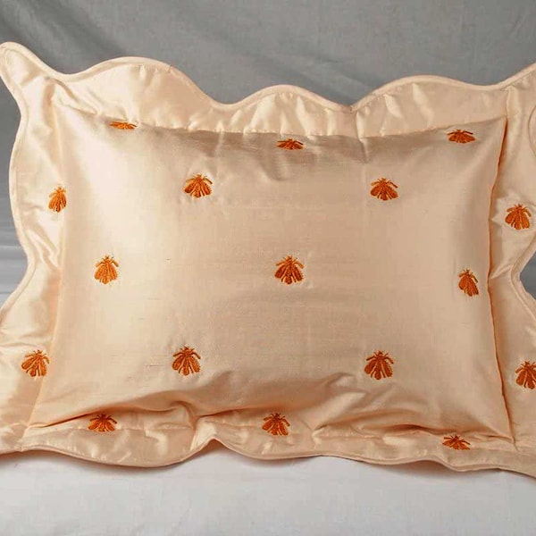 Pure sillk dupion Bee embroidered with scalloped borders Boudoir shams 12' BY 16"